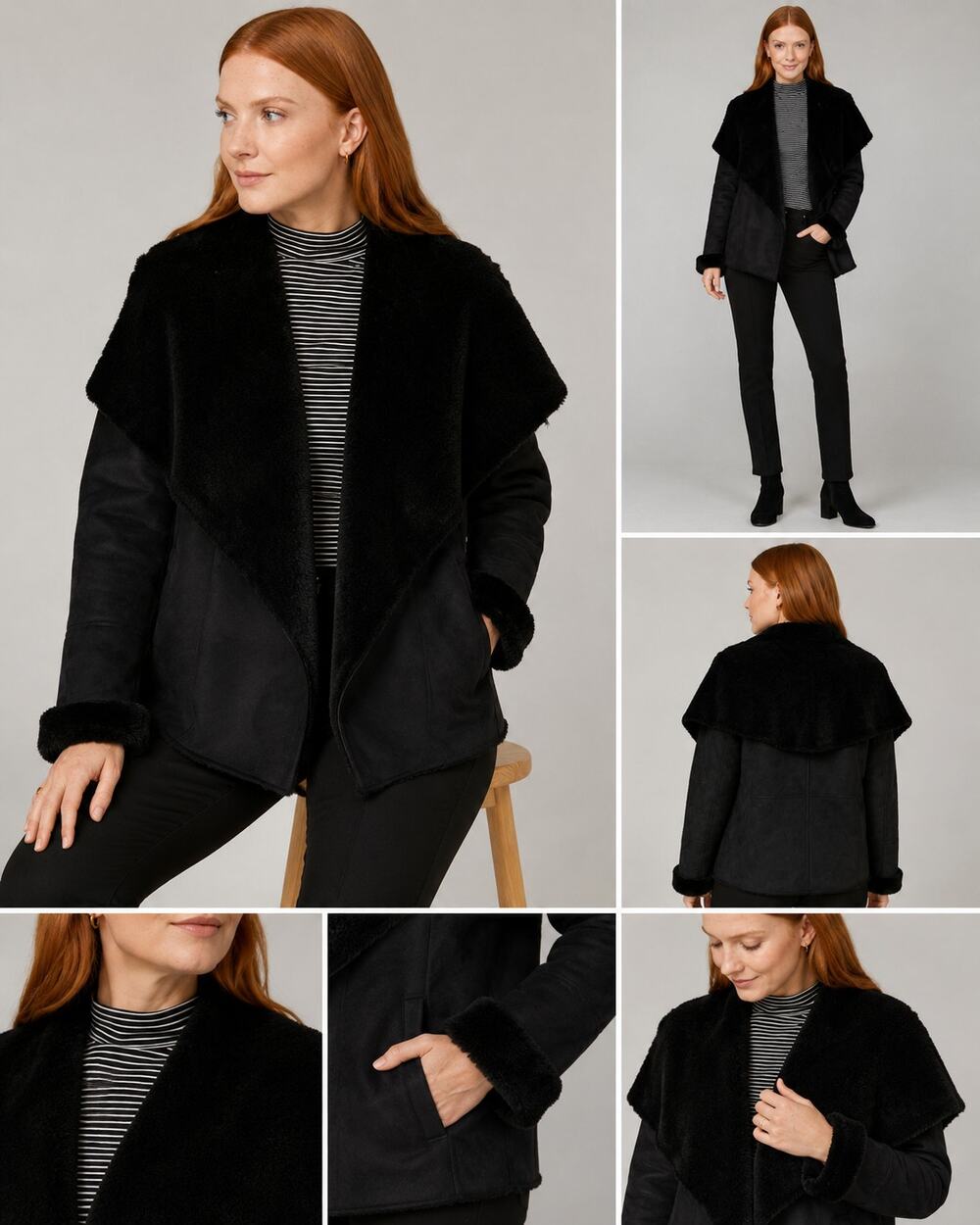 Lauren Ralph Lauren Faux Shearling Jacket M Black Y2K Goth Cozy Wrap Cape